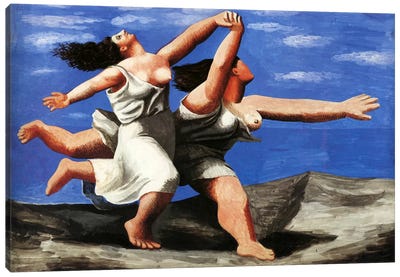 Two Women Running on the Beach Canvas Art Print - Cubism Art