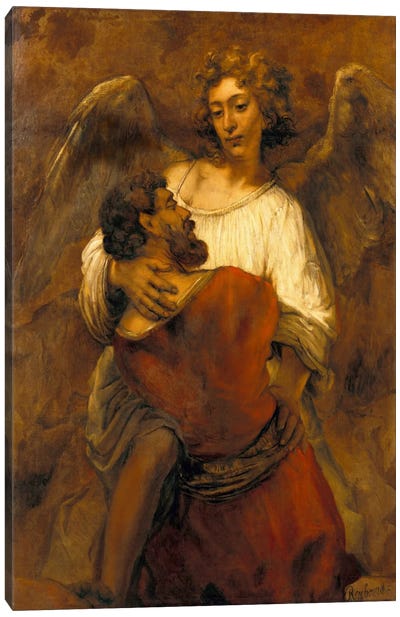 Jacob Wrestling with an Angel Canvas Art Print - Rembrandt van Rijn