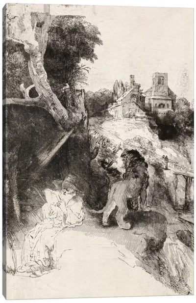 Saint Jerome Reading in an Italian Landscape Canvas Art Print - Dutch Golden Age Art
