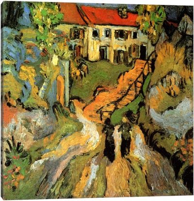 Village Street & Steps in Auvers With Two Figures Canvas Art Print - Architecture Art