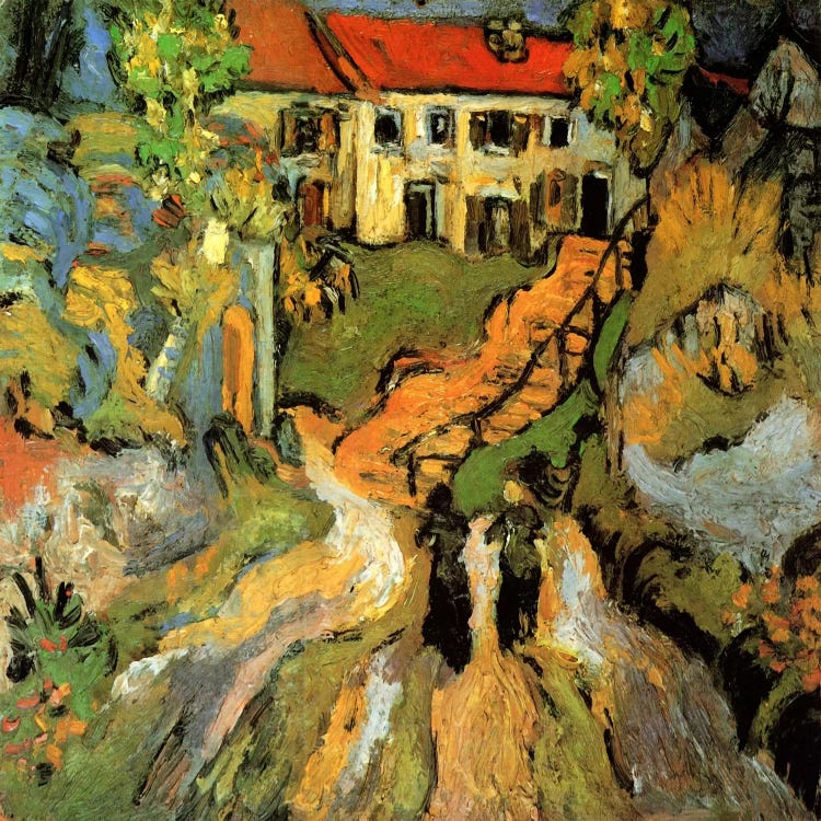 Village Street & Steps in Auvers With Two Figures