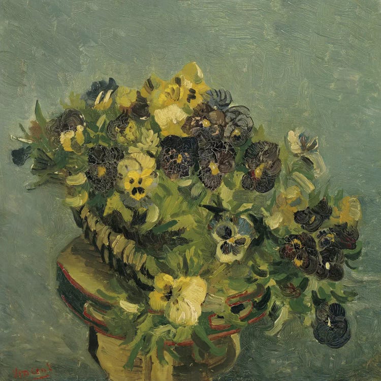 Basket of Pansies on a Small Table