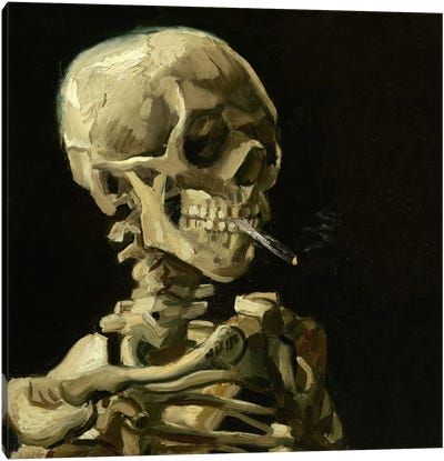 Head of a Skeleton With a Burning Cigarette Canvas Art Print - Hobby & Lifestyle Art