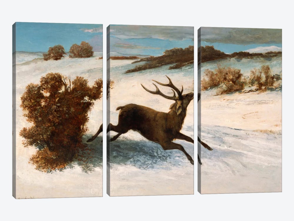 Deer Running in the Snow by Gustave Courbet 3-piece Canvas Art
