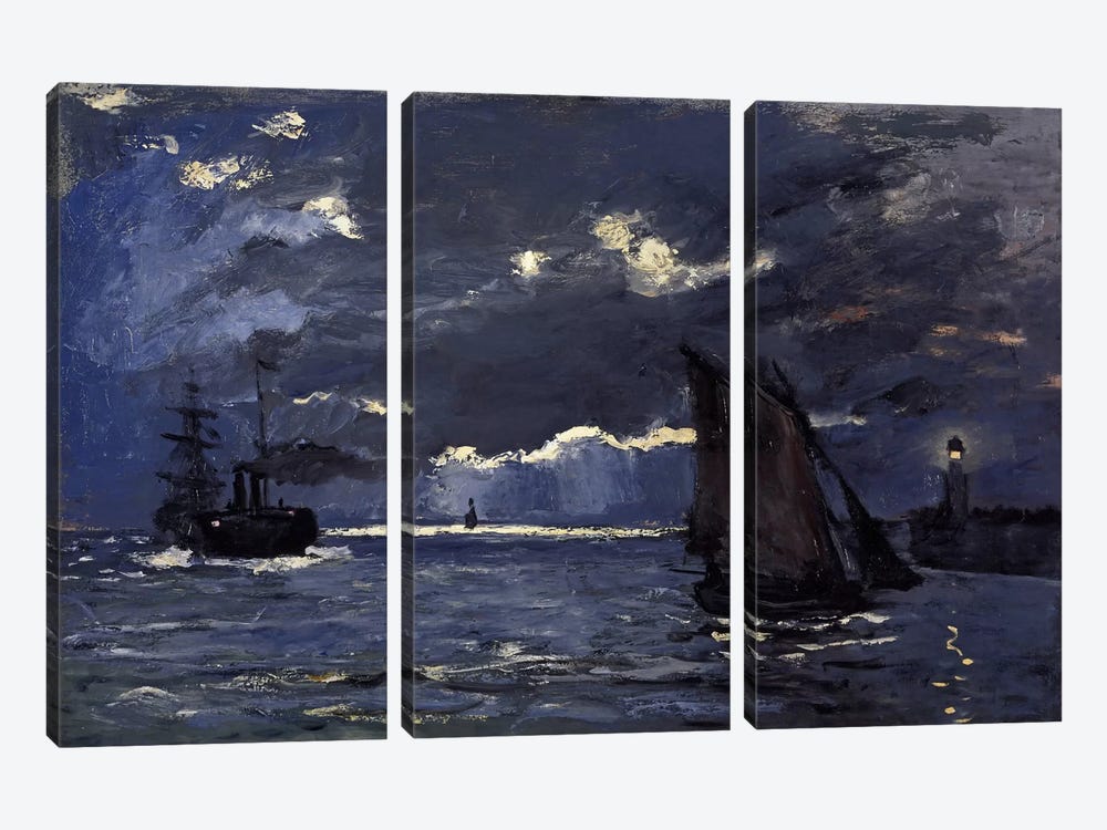 A Seascape, Shipping by Moonlight by Claude Monet 3-piece Canvas Wall Art