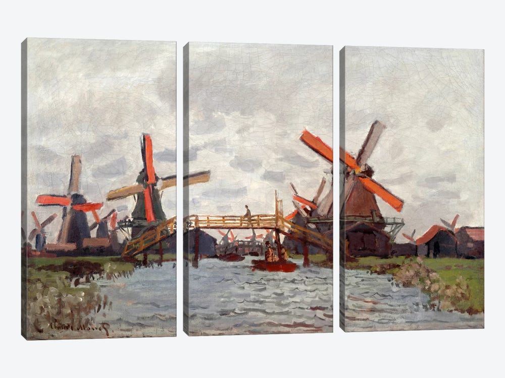 Mills in the Westzijderveld near Zaandam by Claude Monet 3-piece Canvas Artwork