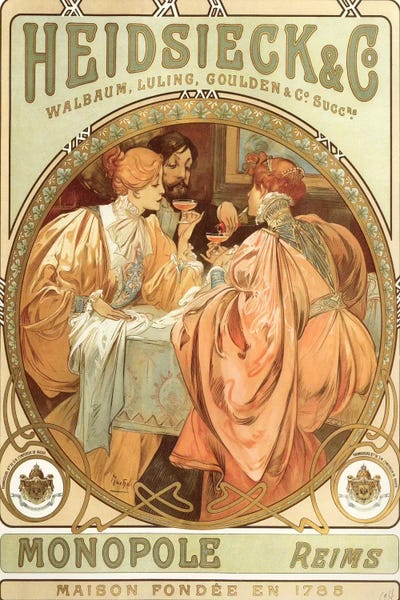 Drinking Champagne, 1785 by Alphonse Mucha framed canvas print