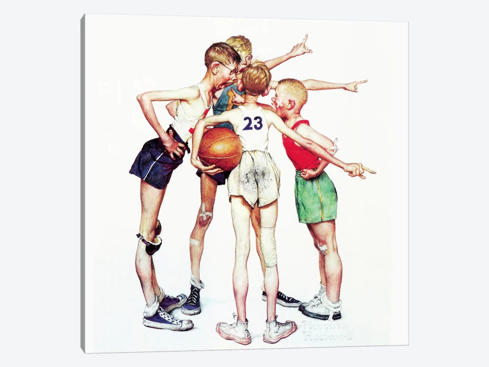 Oh yeah (Four Sporting Boys: Basketball) by Norman Rockwell 1-piece Canvas Art Print