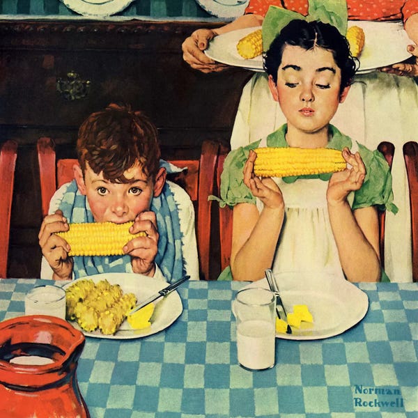 Kitchen: Who's Having More Fun (Kids Eating Corn) by Norman Rockwell