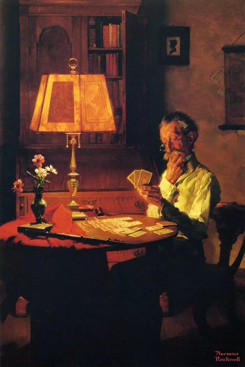 Man Playing Cards by Lamplight