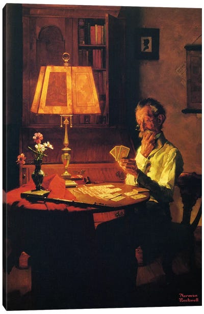 Man Playing Cards by Lamplight Canvas Art Print - Grandpa Chic