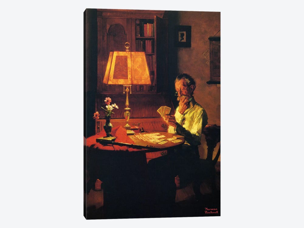 Man Playing Cards by Lamplight by Norman Rockwell 1-piece Canvas Art
