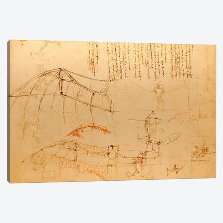 Drawing of Flying Machine with Beating Wings Canvas Print #15388} by Leonardo da Vinci Canvas Art Print