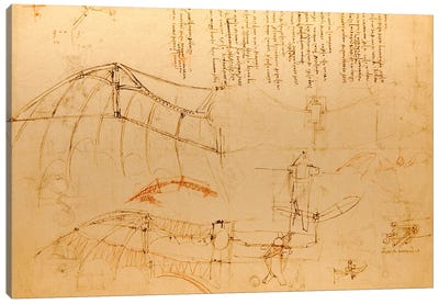 Drawing of Flying Machine with Beating Wings Canvas Art Print - Leonardo da Vinci