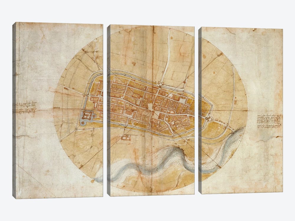 Map of Imola, 1502 by Leonardo da Vinci 3-piece Canvas Art Print