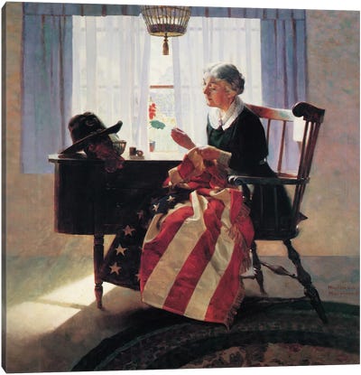 Mending The Flag Canvas Art Print - Norman Rockwell