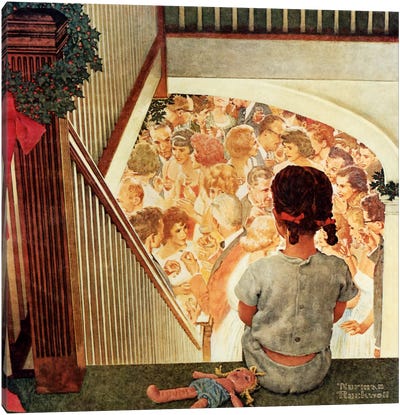 Little Girl Looking Downstairs at Christmas Party Canvas Art Print - Norman Rockwell