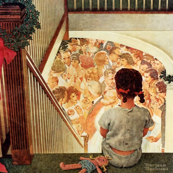 Norman Rockwell: Little Girl Looking Downstairs at Christmas Party by Norman Rockwell