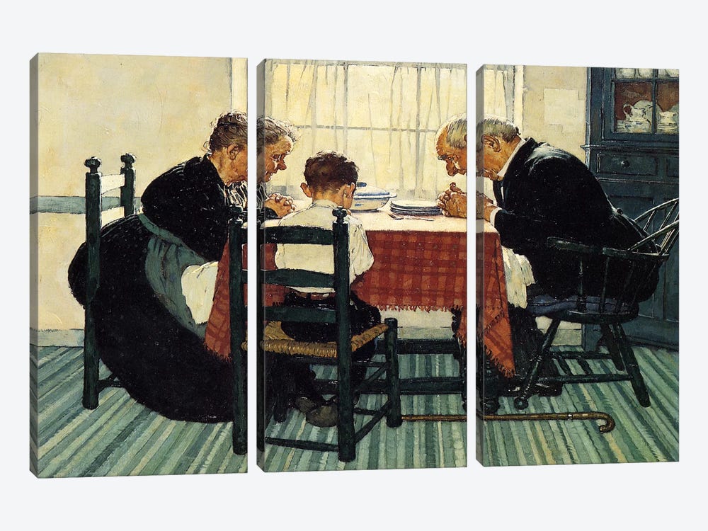 Family Grace (Pray) by Norman Rockwell 3-piece Canvas Wall Art