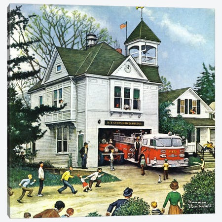 The New American LaFrance is Here (Firehouse) Canvas Print #1545} by Norman Rockwell Canvas Art