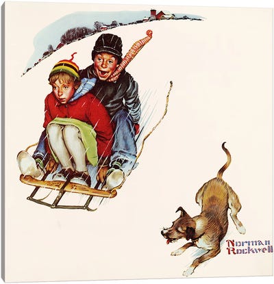 Downhill Daring Canvas Art Print - Norman Rockwell Christmas Art