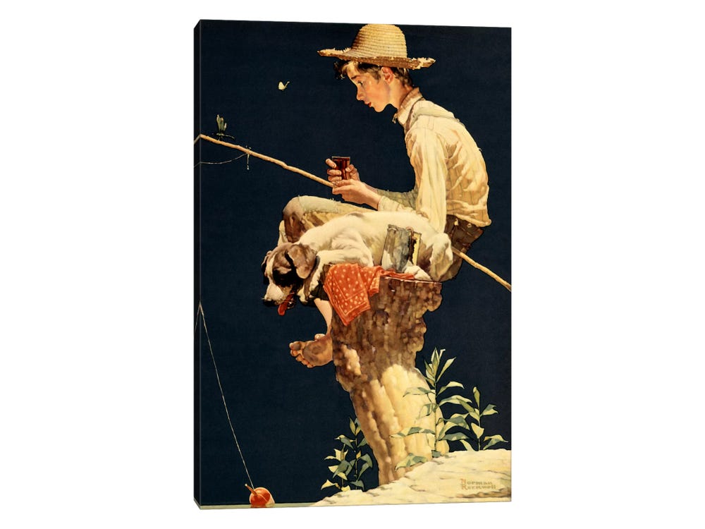 Framed Canvas Art (Champagne) - Boy Fishing by Norman Rockwell ( Sports > Fishing art) - 26x18 in