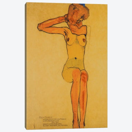 Seated Female Nude with Raised Right Arm Canvas Print #1863} by Egon Schiele Canvas Art