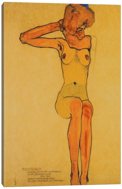 Seated Female Nude with Raised Right Arm Canvas Art Print - Egon Schiele