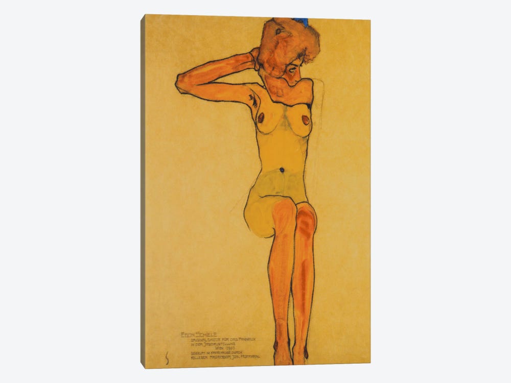 Seated Female Nude with Raised Right Arm by Egon Schiele 1-piece Canvas Art