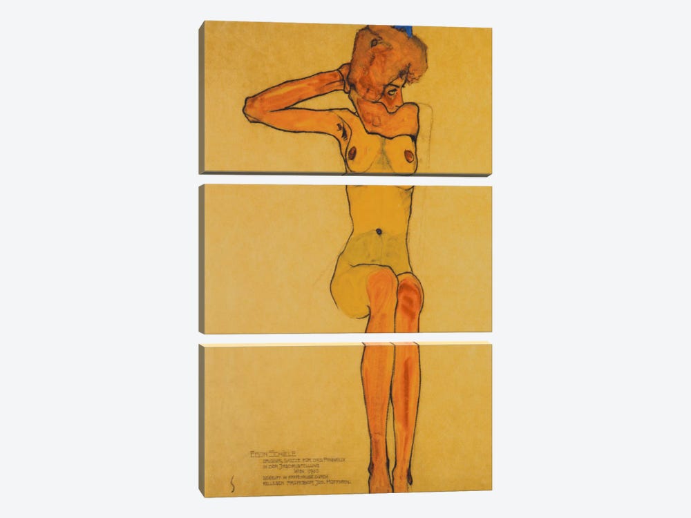 Seated Female Nude with Raised Right Arm by Egon Schiele 3-piece Canvas Art