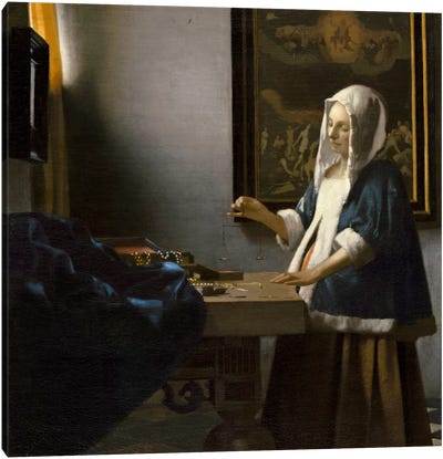 Woman Holding a Balance Canvas Art Print - Dutch Golden Age Art