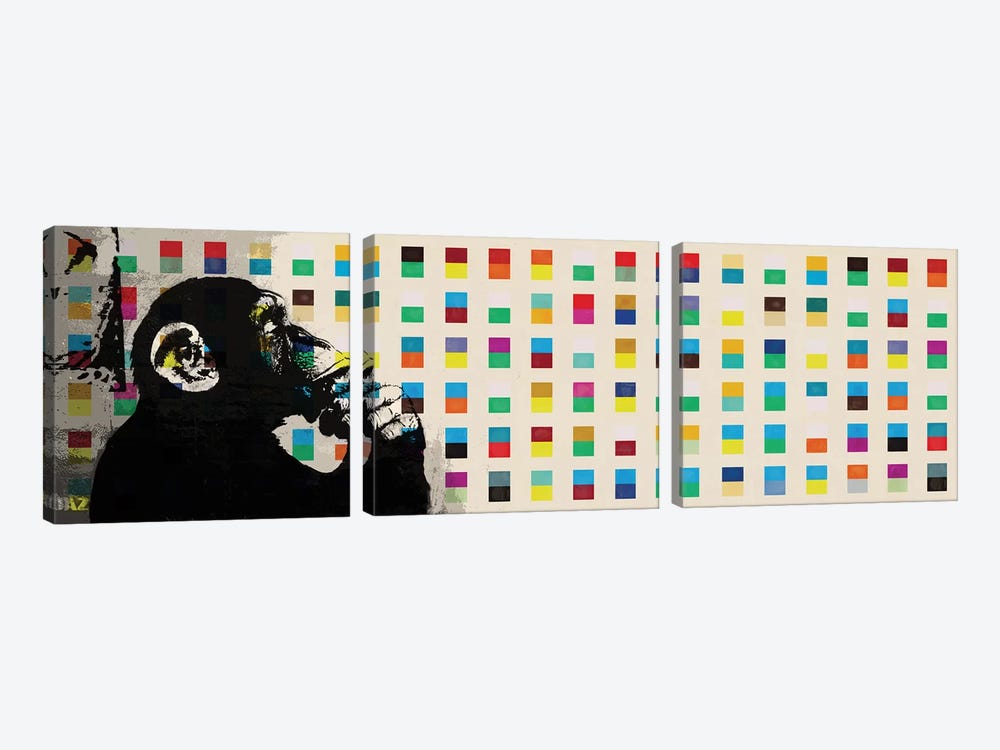 The Thinker Monkey Color Dots Panoramic by Unknown Artist 3-piece Canvas Print