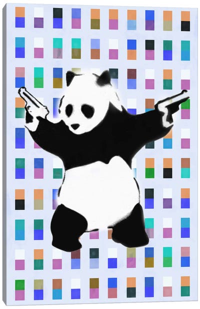 Panda with Guns Color Dots Canvas Art Print - Weapons & Artillery Art