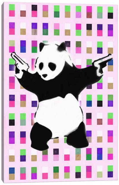 Panda with Guns Acid Dots Canvas Art Print - Geometric Art