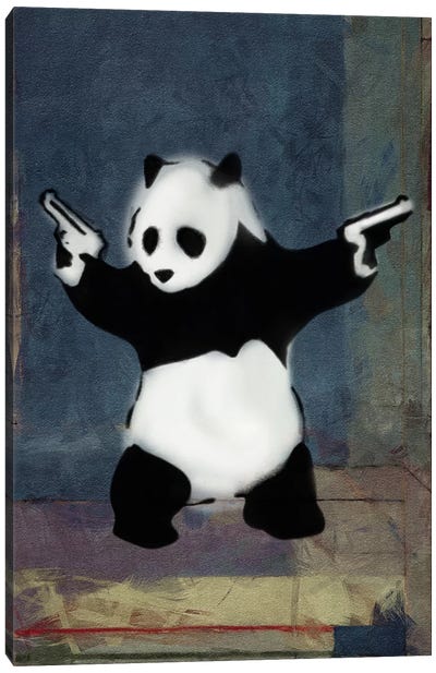 Panda with Guns Blue Square Canvas Art Print