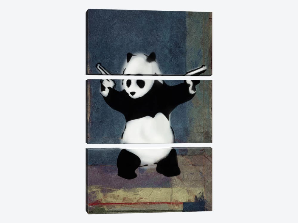 Panda with Guns Blue Square by Unknown Artist 3-piece Canvas Wall Art