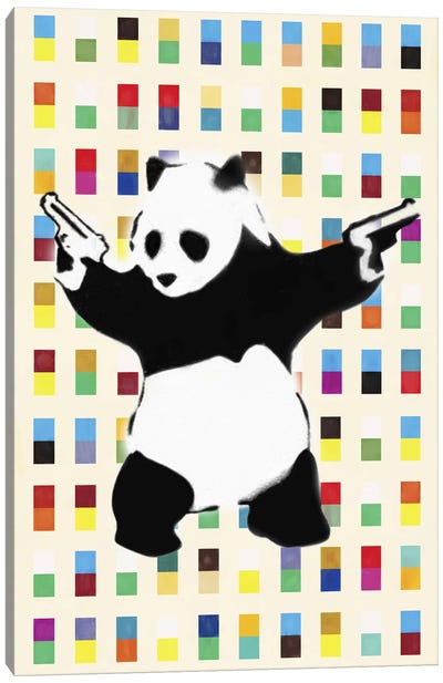 Panda with Guns Bright Dots Canvas Art Print - Humor Art