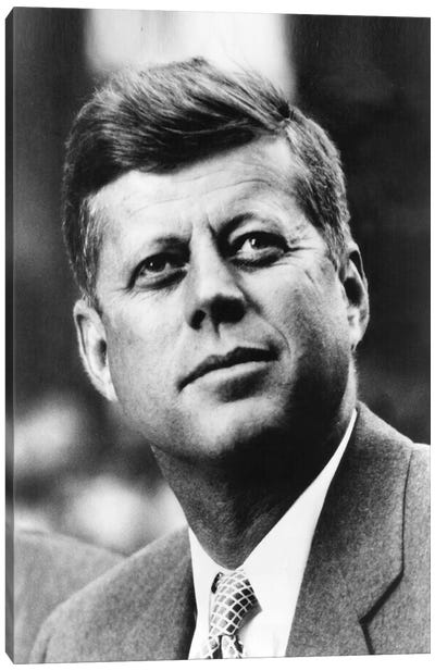 John F Kennedy JFK Portrait Canvas Art Print - Black & White Pop Culture Art