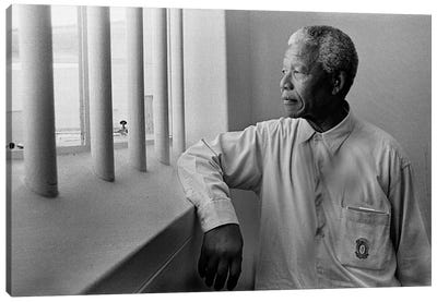 Nelson Mandela Portrait Canvas Art Print - Black & White Pop Culture Art