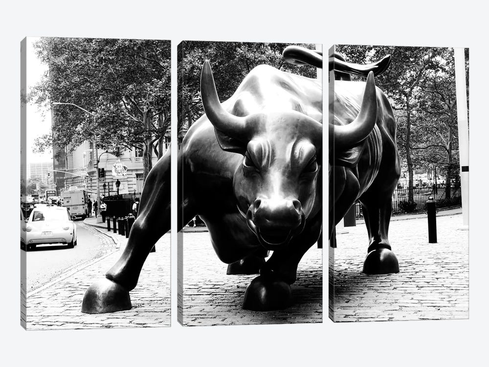 Wall Street Bull Black & White by Unknown Artist 3-piece Canvas Art