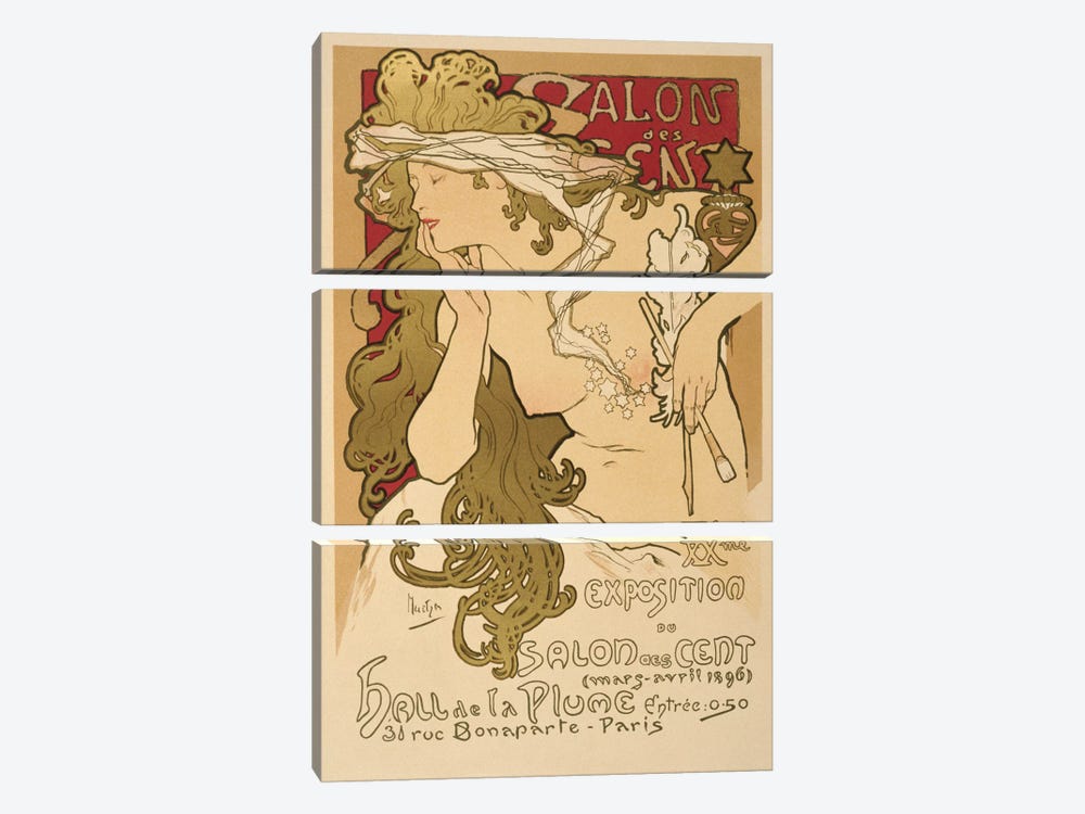 Salon Des Cent: 20th Exposition Vintage Poster by Alphonse Mucha 3-piece Canvas Art Print