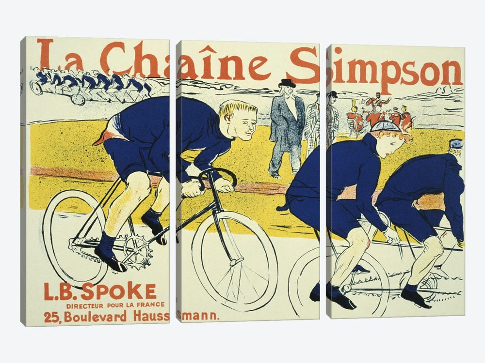 Simpson La Chain Bicycle Advertising Vintage Poster by Henri de Toulouse-Lautrec 3-piece Canvas Artwork