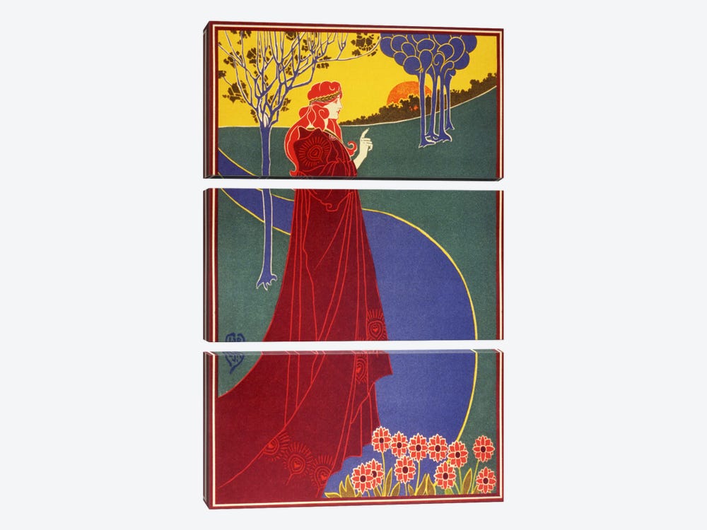 Woman In Red Cloak on a Road Vintage Poster by Unknown Artist 3-piece Canvas Print
