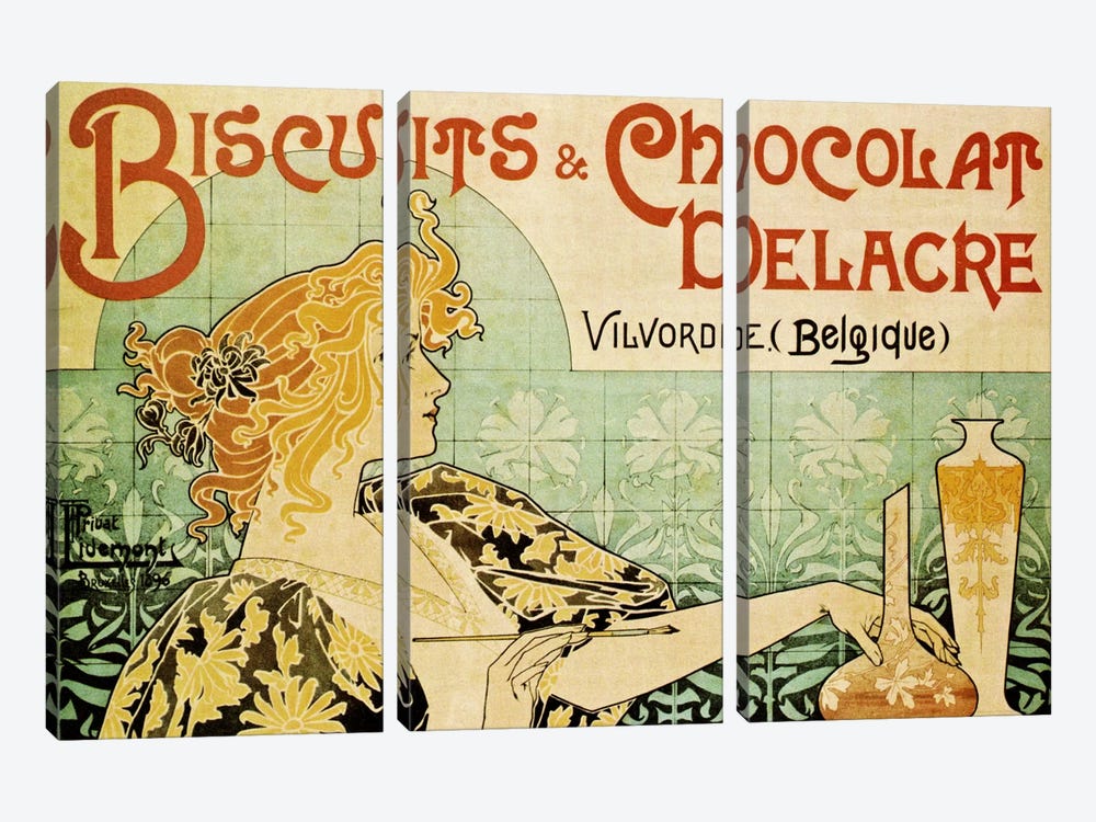 Delacre Biscuits & Chocolat Vintage Poster by Henri Privat-Livemont 3-piece Canvas Print