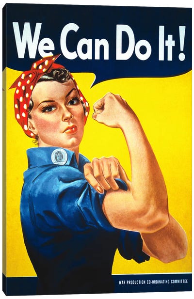 We Can Do It! (Rosie The Riveter) Poster Canvas Art Print - Blue & Yellow Art