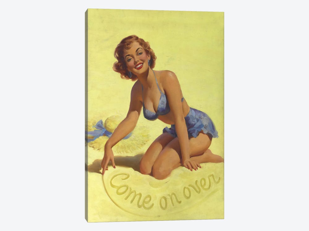 Come on Over Beach Pinup Girl Vintage Poster by Art Frahm 1-piece Art Print