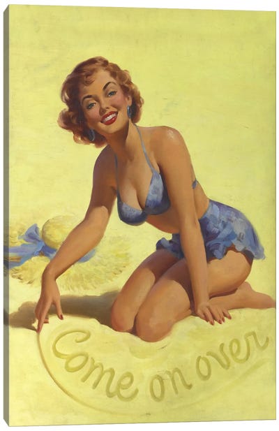 Come on Over Beach Pinup Girl Vintage Poster Canvas Art Print - Pantone Ultra Violet 2018