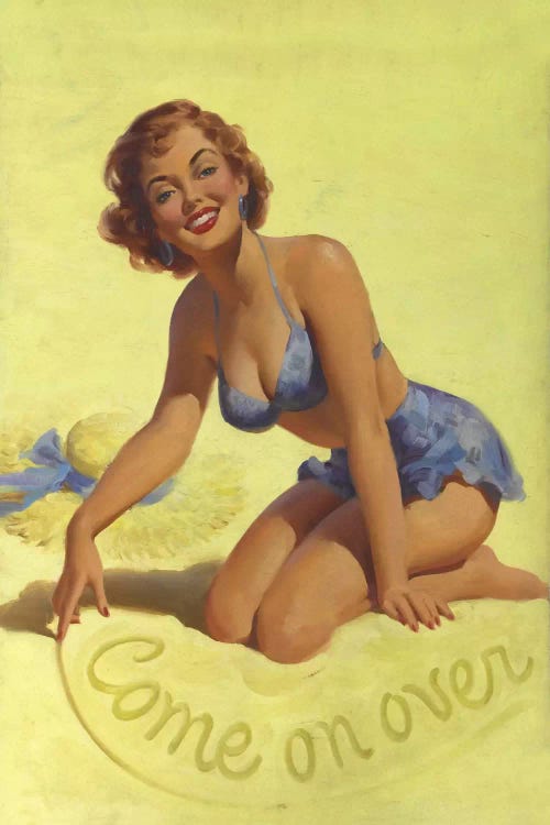 Come on Over Beach Pinup Girl Vintage Poster