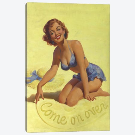 Come on Over Beach Pinup Girl Vintage Poster Canvas Print #5036} by Art Frahm Canvas Print