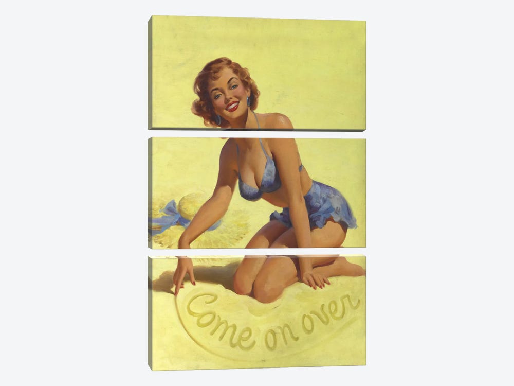 Come on Over Beach Pinup Girl Vintage Poster by Art Frahm 3-piece Canvas Art Print